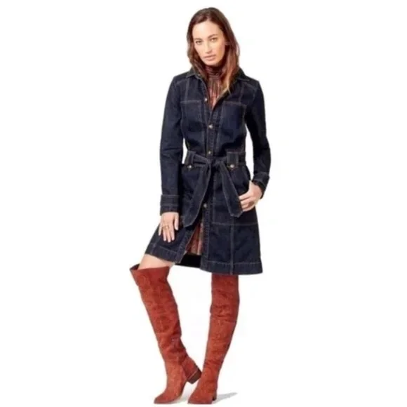 Free People Denim Jean Belted Trench Coat Jacket in Indigo M - Picture 12 of 12